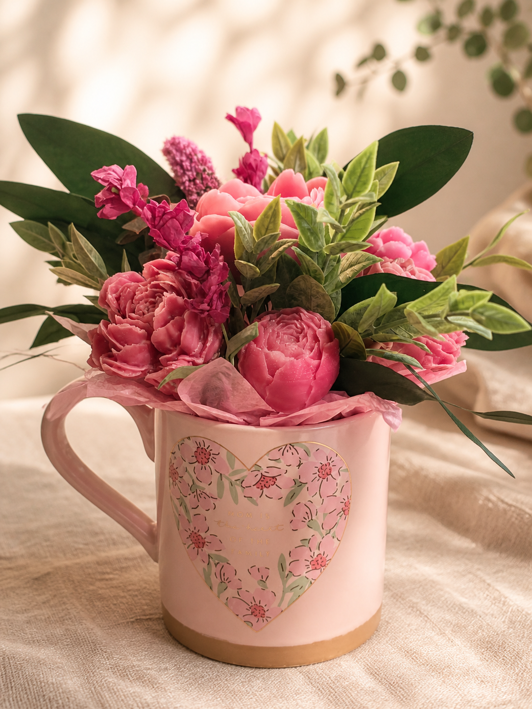 Pink scented wax peony bouquet arranged in a Mother's Day mug with greenery